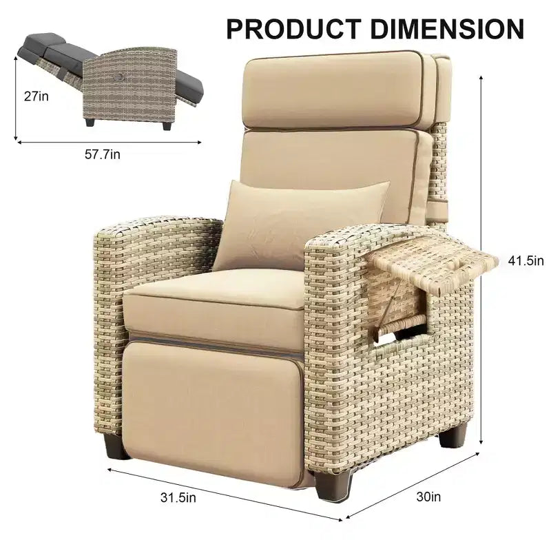 Tumbona reclinable de mimbre para exteriores, reclinable de patio de ratán con bomba de aire, respaldo ajustable, mesa abatible y cojín, se reclina 150 grados