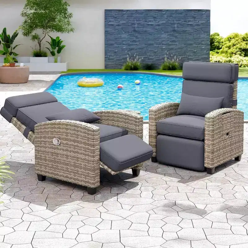 Tumbona reclinable de mimbre para exteriores, reclinable de patio de ratán con bomba de aire, respaldo ajustable, mesa abatible y cojín, se reclina 150 grados