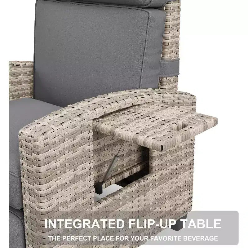 Tumbona reclinable de mimbre para exteriores, reclinable de patio de ratán con bomba de aire, respaldo ajustable, mesa abatible y cojín, se reclina 150 grados