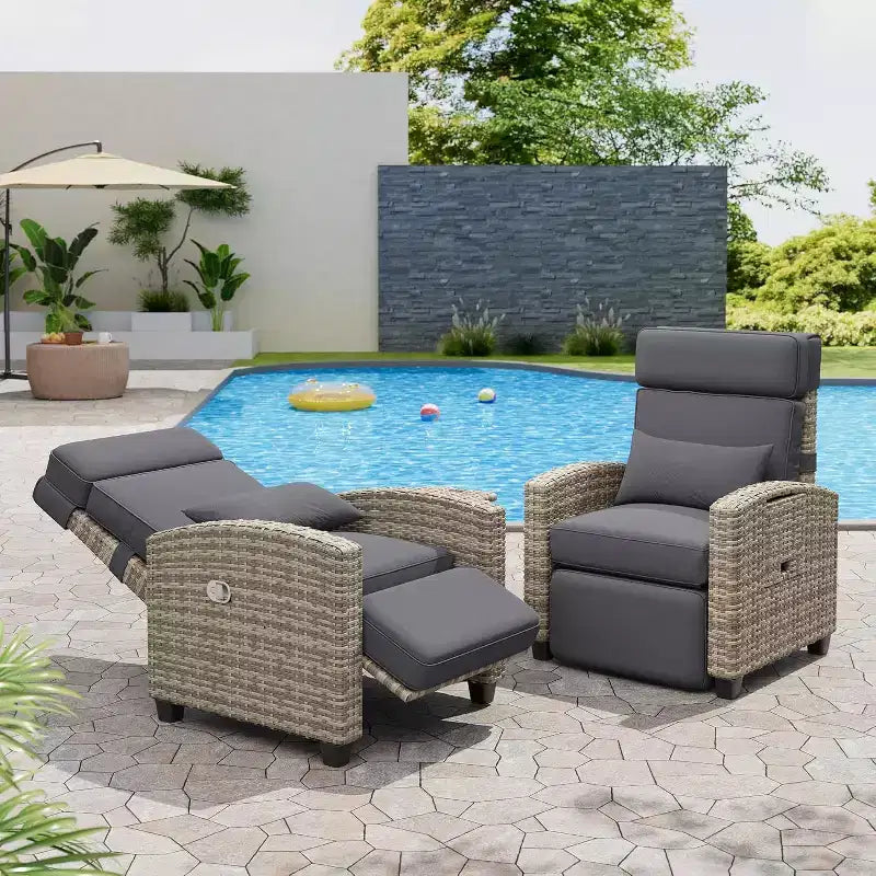 Tumbona reclinable de mimbre para exteriores, reclinable de patio de ratán con bomba de aire, respaldo ajustable, mesa abatible y cojín, se reclina 150 grados