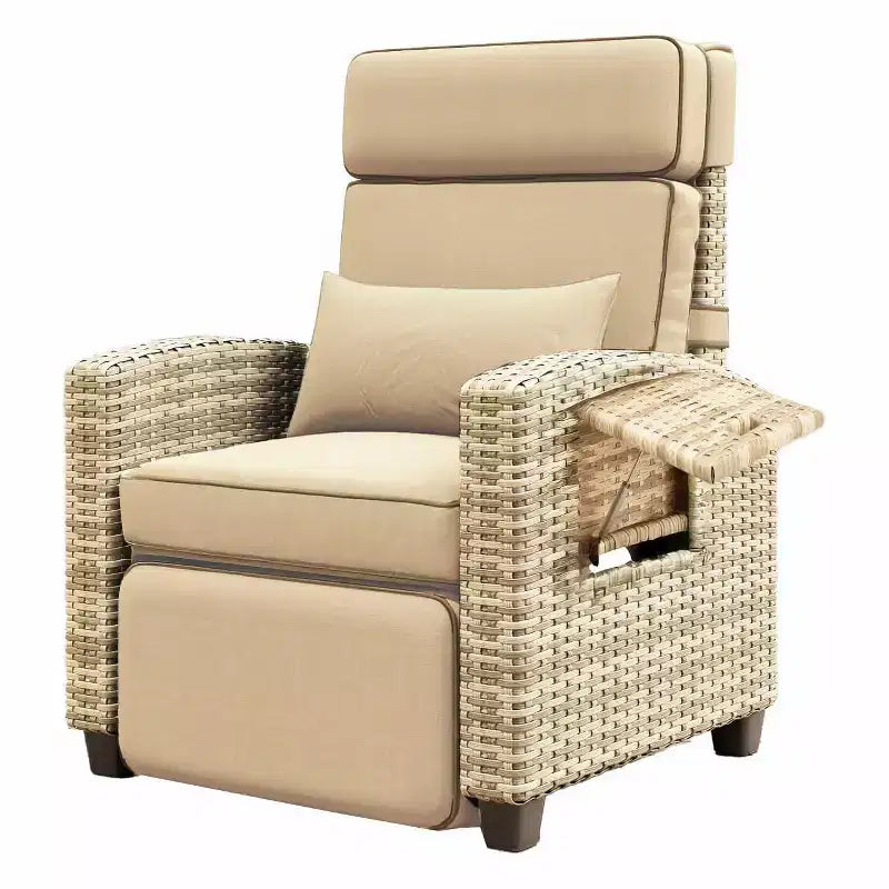 Tumbona reclinable de mimbre para exteriores, reclinable de patio de ratán con bomba de aire, respaldo ajustable, mesa abatible y cojín, se reclina 150 grados