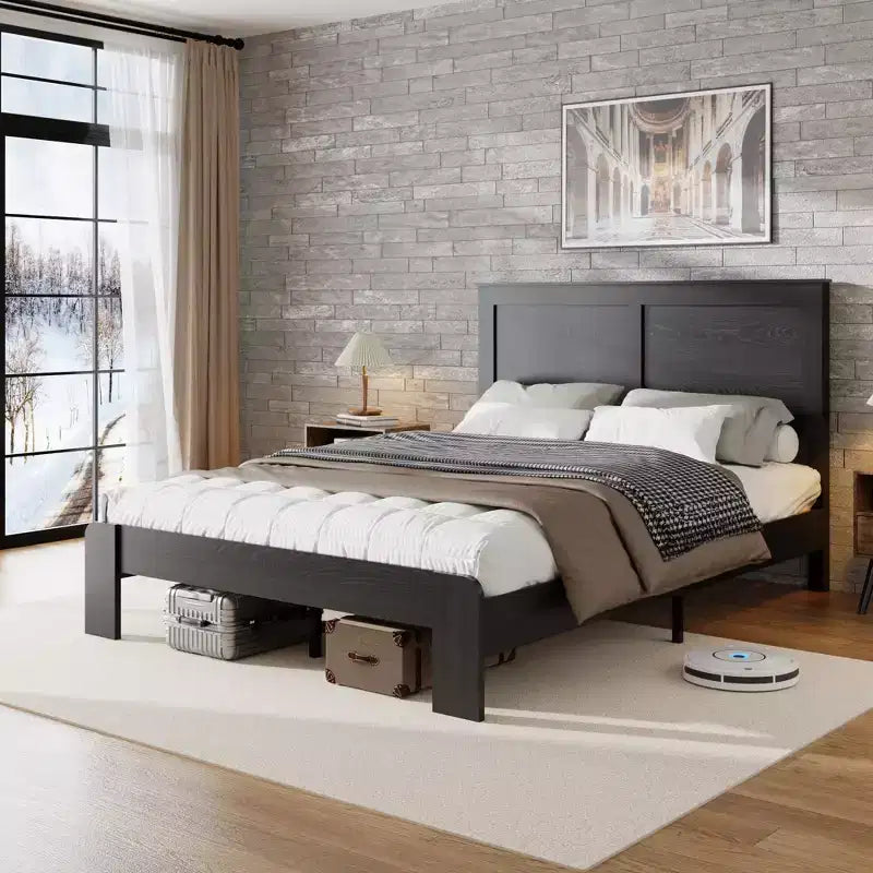 GDFStudio Rixa: Cama de plataforma industrial de madera con cabecero