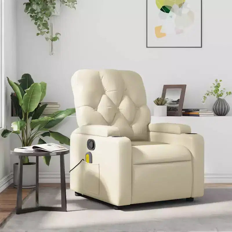 vidaXL Sillón reclinable de masaje de piel sintética color crema