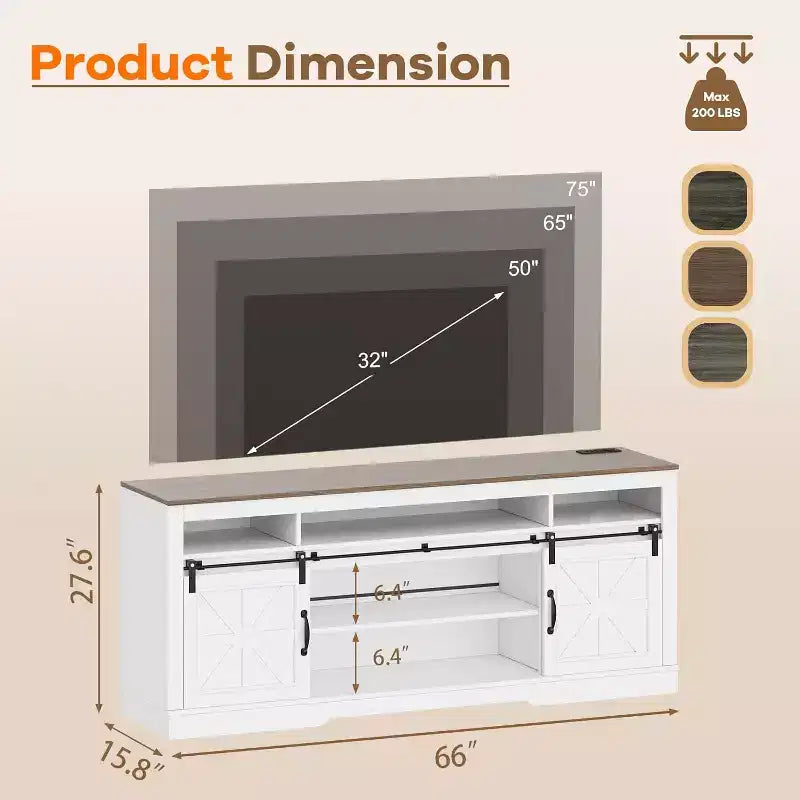 Mueble para TV de granja para televisores de 75 pulgadas con almacenamiento semiabierto, estante ajustable y puertas corredizas, consola multimedia de 66 pulgadas para sala de estar