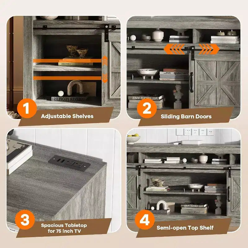 Mueble para TV de granja para televisores de 75 pulgadas con almacenamiento semiabierto, estante ajustable y puertas corredizas, consola multimedia de 66 pulgadas para sala de estar