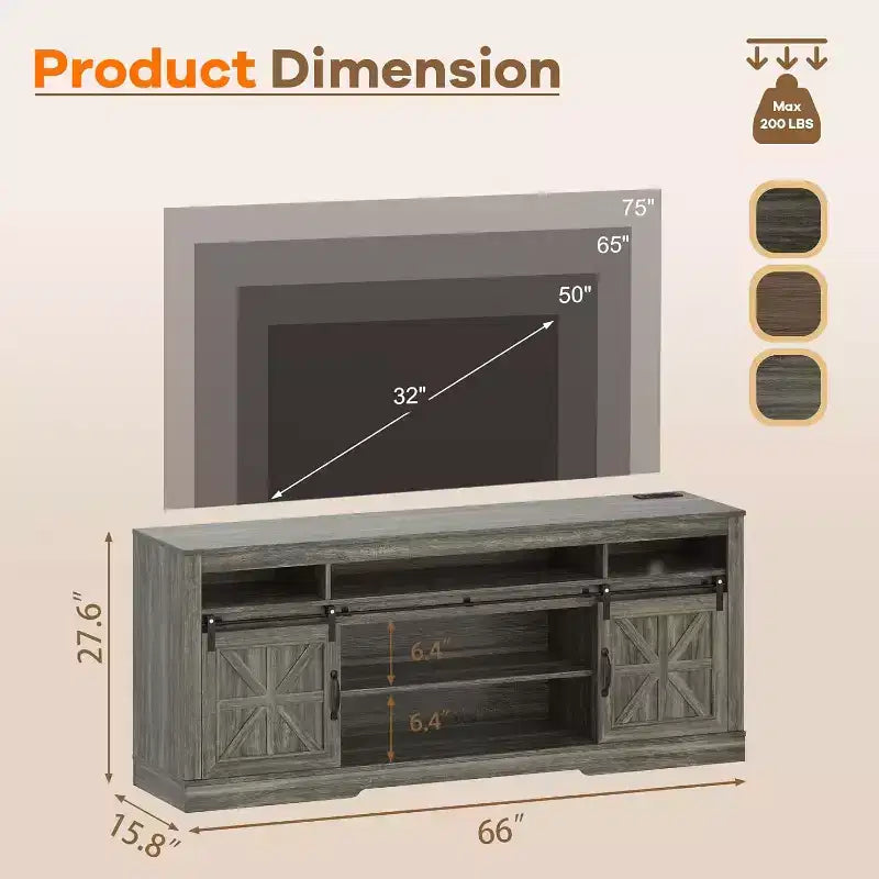 Mueble para TV de granja para televisores de 75 pulgadas con almacenamiento semiabierto, estante ajustable y puertas corredizas, consola multimedia de 66 pulgadas para sala de estar