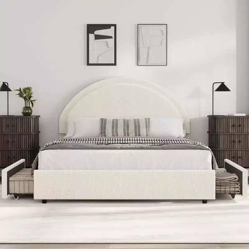 Estructura de cama doble con somier acolchado y plataforma de cabecero de lana de cordero, estructura de cama similar a una nube con esquinas suaves y redondeadas, fácil de montar