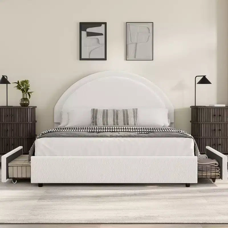 Estructura de cama doble con somier acolchado y plataforma de cabecero de lana de cordero, estructura de cama similar a una nube con esquinas suaves y redondeadas, fácil de montar