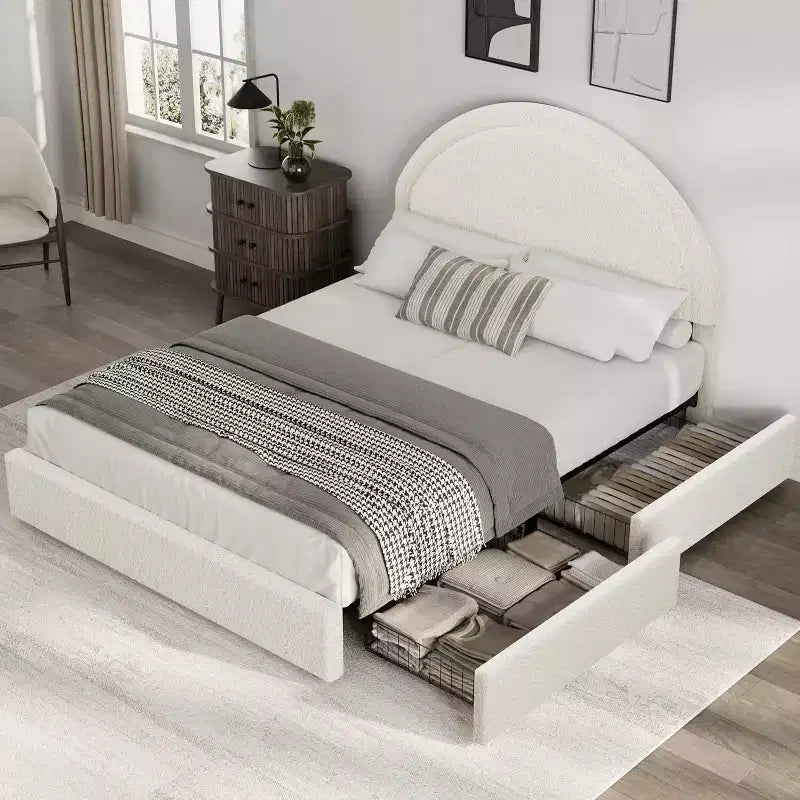 Estructura de cama doble con somier acolchado y plataforma de cabecero de lana de cordero, estructura de cama similar a una nube con esquinas suaves y redondeadas, fácil de montar