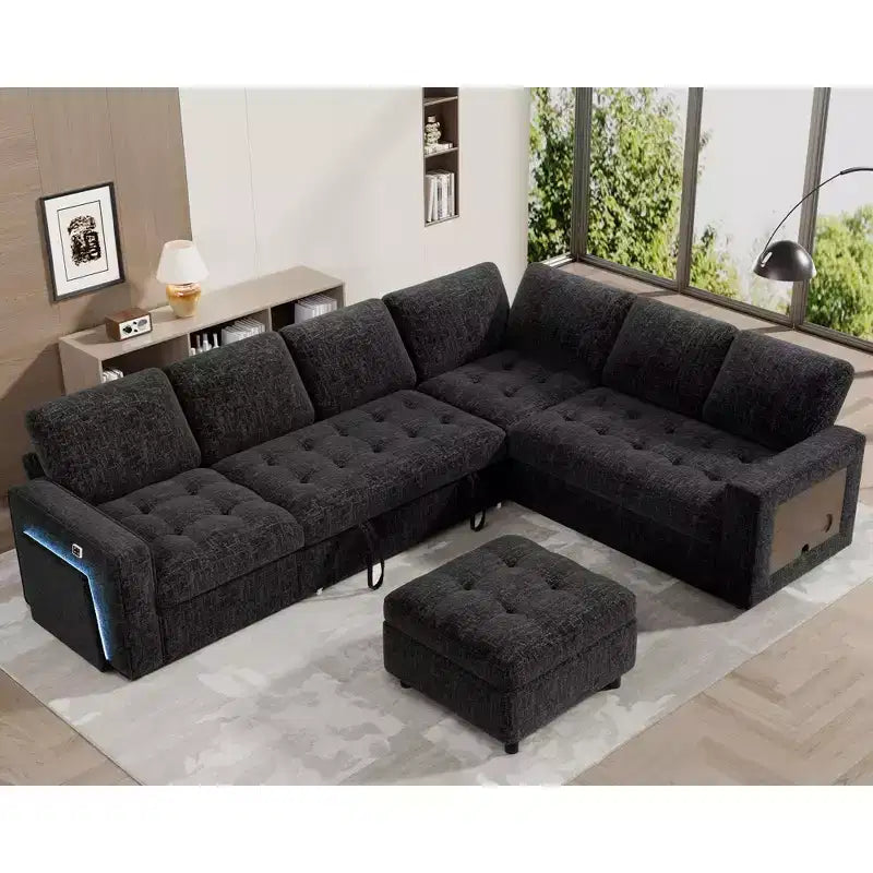 Sofá Cama Modular en Forma de L de 7 Plazas Dyonery con Cama Extraíble, Respaldos Reclinables/Puertos USB/Luz LED/Mesa Auxiliar y Otomana, Chenilla