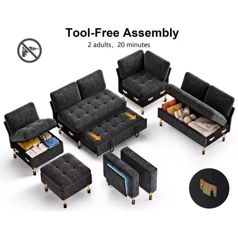 Sofá Cama Modular en Forma de L de 7 Plazas Dyonery con Cama Extraíble, Respaldos Reclinables/Puertos USB/Luz LED/Mesa Auxiliar y Otomana, Chenilla