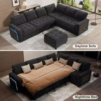 Sofá Cama Modular en Forma de L de 7 Plazas Dyonery con Cama Extraíble, Respaldos Reclinables/Puertos USB/Luz LED/Mesa Auxiliar y Otomana, Chenilla