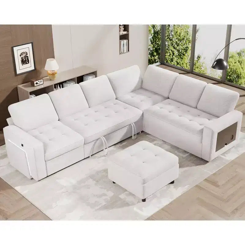 Sofá Cama Modular en Forma de L de 7 Plazas Dyonery con Cama Extraíble, Respaldos Reclinables/Puertos USB/Luz LED/Mesa Auxiliar y Otomana, Chenilla