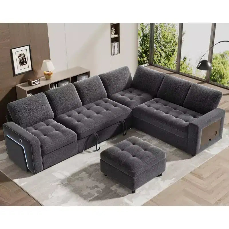 Sofá Cama Modular en Forma de L de 7 Plazas Dyonery con Cama Extraíble, Respaldos Reclinables/Puertos USB/Luz LED/Mesa Auxiliar y Otomana, Chenilla