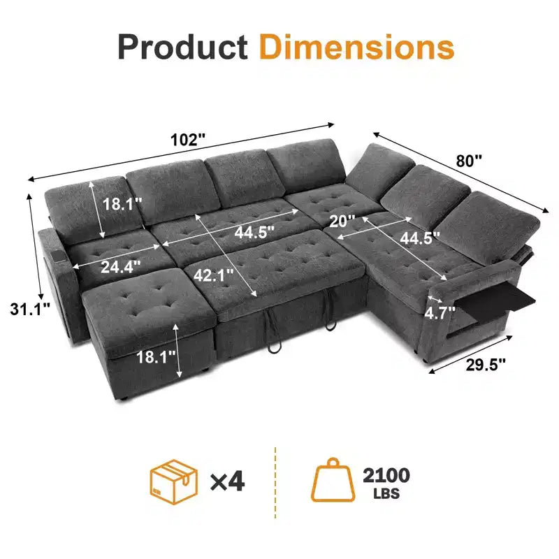 Sofá Cama Modular en Forma de L de 7 Plazas Dyonery con Cama Extraíble, Respaldos Reclinables/Puertos USB/Luz LED/Mesa Auxiliar y Otomana, Chenilla