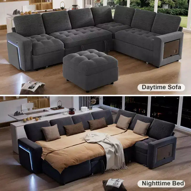 Sofá Cama Modular en Forma de L de 7 Plazas Dyonery con Cama Extraíble, Respaldos Reclinables/Puertos USB/Luz LED/Mesa Auxiliar y Otomana, Chenilla