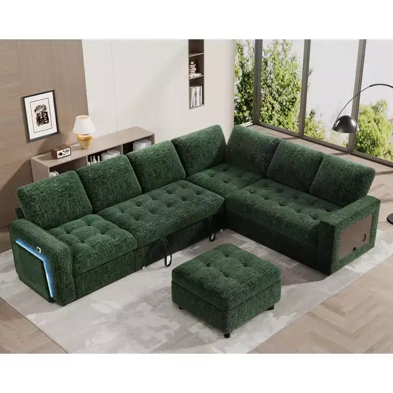 Sofá Cama Modular en Forma de L de 7 Plazas Dyonery con Cama Extraíble, Respaldos Reclinables/Puertos USB/Luz LED/Mesa Auxiliar y Otomana, Chenilla