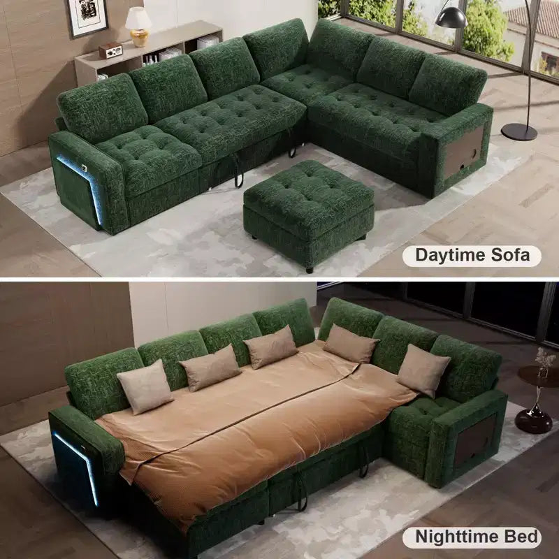 Sofá Cama Modular en Forma de L de 7 Plazas Dyonery con Cama Extraíble, Respaldos Reclinables/Puertos USB/Luz LED/Mesa Auxiliar y Otomana, Chenilla