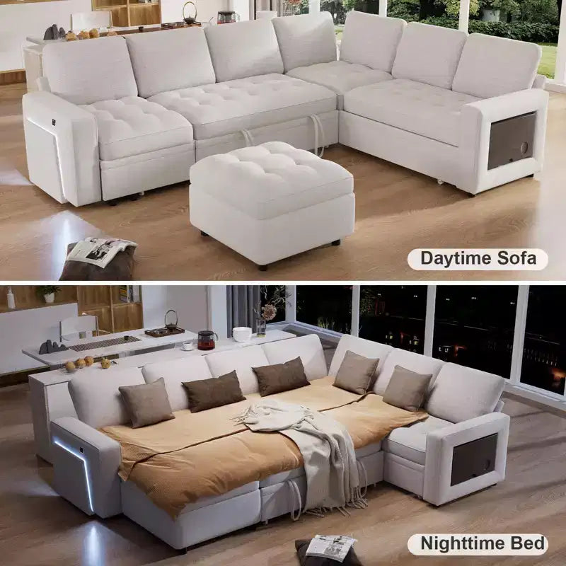 Sofá Cama Modular en Forma de L de 7 Plazas Dyonery con Cama Extraíble, Respaldos Reclinables/Puertos USB/Luz LED/Mesa Auxiliar y Otomana, Chenilla