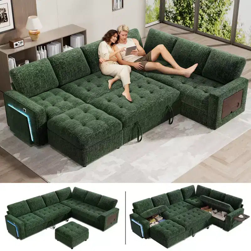 Sofá Cama Modular en Forma de L de 7 Plazas Dyonery con Cama Extraíble, Respaldos Reclinables/Puertos USB/Luz LED/Mesa Auxiliar y Otomana, Chenilla