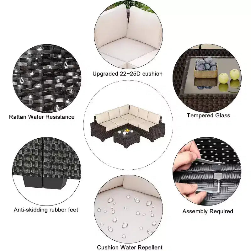 COZONY Juego de patio exterior de 6 piezas, sofá seccional de ratán para todo tipo de clima con mesa de vidrio y cojines para jardín o césped