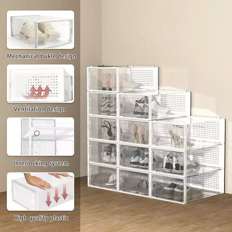Organizador de Zapatos de 12 Piezas, Organizador de Zapatos Apilable de Plástico Transparente para Armario, Caja de Zapatos Apilable de Plástico Transparente para Entrada, Plegable para Ahorrar Espacio