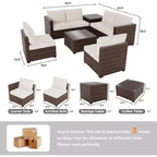 COZONY Juego de Patio Exterior de 8 Piezas, Sofá de Conversación de Ratán PE, Mesa de Cristal, Caja de Almacenamiento, Set de Bistró para Piscina Jardín