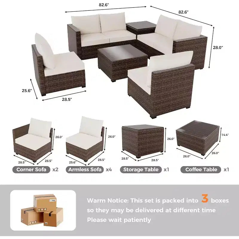 COZONY Juego de Patio Exterior de 8 Piezas, Sofá de Conversación de Ratán PE, Mesa de Cristal, Caja de Almacenamiento, Set de Bistró para Piscina Jardín
