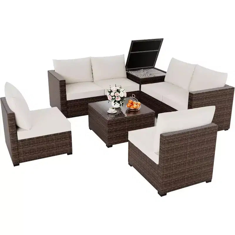 COZONY Juego de Patio Exterior de 8 Piezas, Sofá de Conversación de Ratán PE, Mesa de Cristal, Caja de Almacenamiento, Set de Bistró para Piscina Jardín
