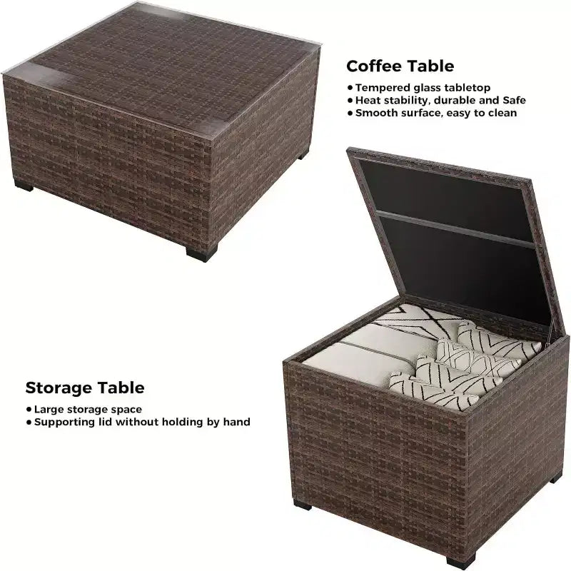 COZONY Juego de Patio Exterior de 8 Piezas, Sofá de Conversación de Ratán PE, Mesa de Cristal, Caja de Almacenamiento, Set de Bistró para Piscina Jardín