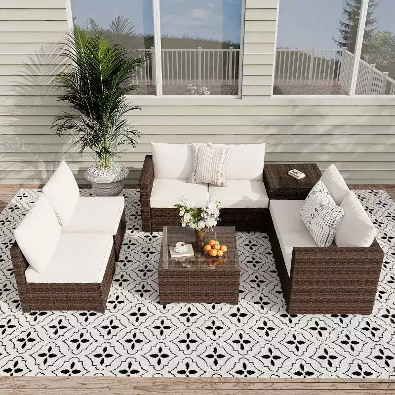 COZONY Juego de Patio Exterior de 8 Piezas, Sofá de Conversación de Ratán PE, Mesa de Cristal, Caja de Almacenamiento, Set de Bistró para Piscina Jardín