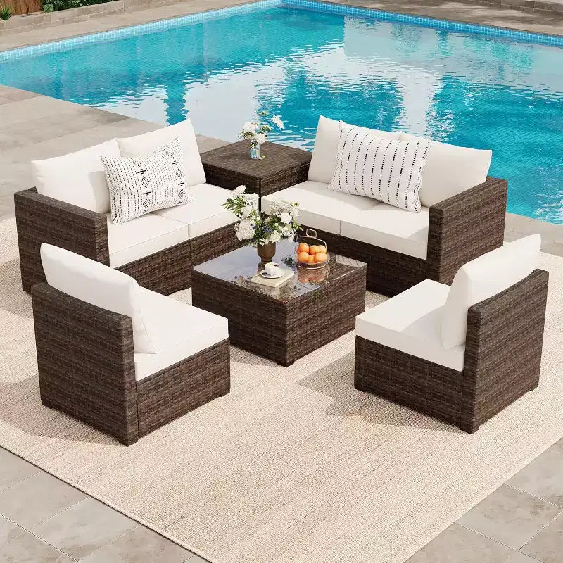 COZONY Juego de Patio Exterior de 8 Piezas, Sofá de Conversación de Ratán PE, Mesa de Cristal, Caja de Almacenamiento, Set de Bistró para Piscina Jardín