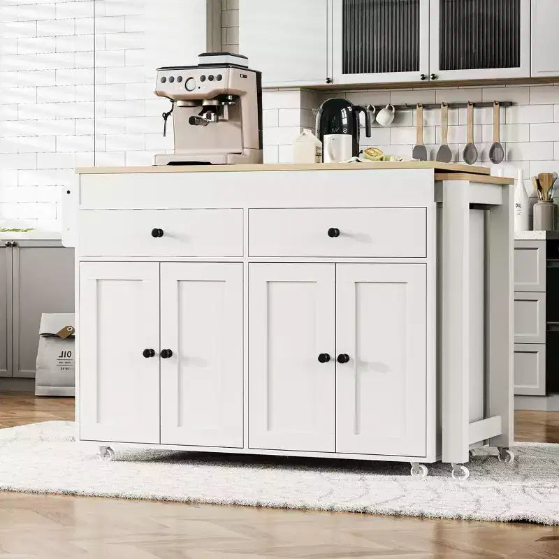 JVNOXK Isla de cocina móvil de 74 pulgadas con ruedas y mesa de comedor extensible, incluye especiero y 2 cajones, adecuada para cocina, blanca