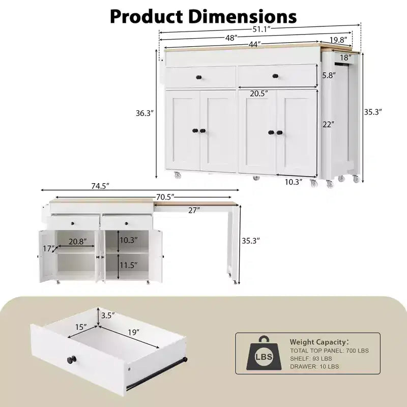 JVNOXK Isla de cocina móvil de 74 pulgadas con ruedas y mesa de comedor extensible, incluye especiero y 2 cajones, adecuada para cocina, blanca