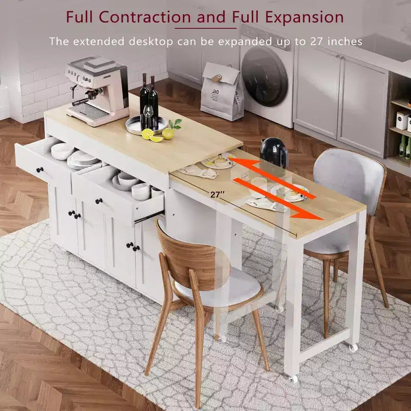 JVNOXK Isla de cocina móvil de 74 pulgadas con ruedas y mesa de comedor extensible, incluye especiero y 2 cajones, adecuada para cocina, blanca