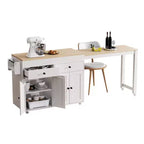 JVNOXK Isla de cocina móvil de 74 pulgadas con ruedas y mesa de comedor extensible, incluye especiero y 2 cajones, adecuada para cocina, blanca