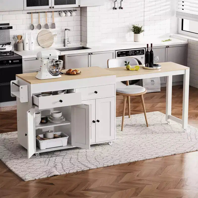 JVNOXK Isla de cocina móvil de 74 pulgadas con ruedas y mesa de comedor extensible, incluye especiero y 2 cajones, adecuada para cocina, blanca