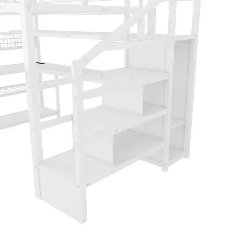 TUYOHW Cama alta de tamaño completo con escalera de almacenamiento y armario, cama alta de metal con escritorio, estantes de almacenamiento, estación de carga y luces LED para adolescentes y adultos