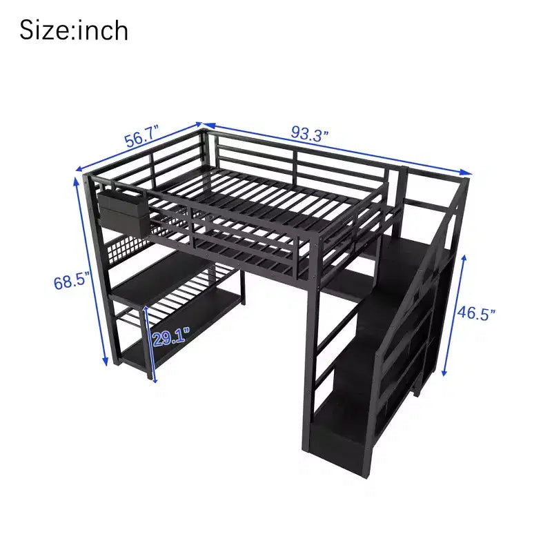 TUYOHW Cama alta de tamaño completo con escalera de almacenamiento y armario, cama alta de metal con escritorio, estantes de almacenamiento, estación de carga y luces LED para adolescentes y adultos