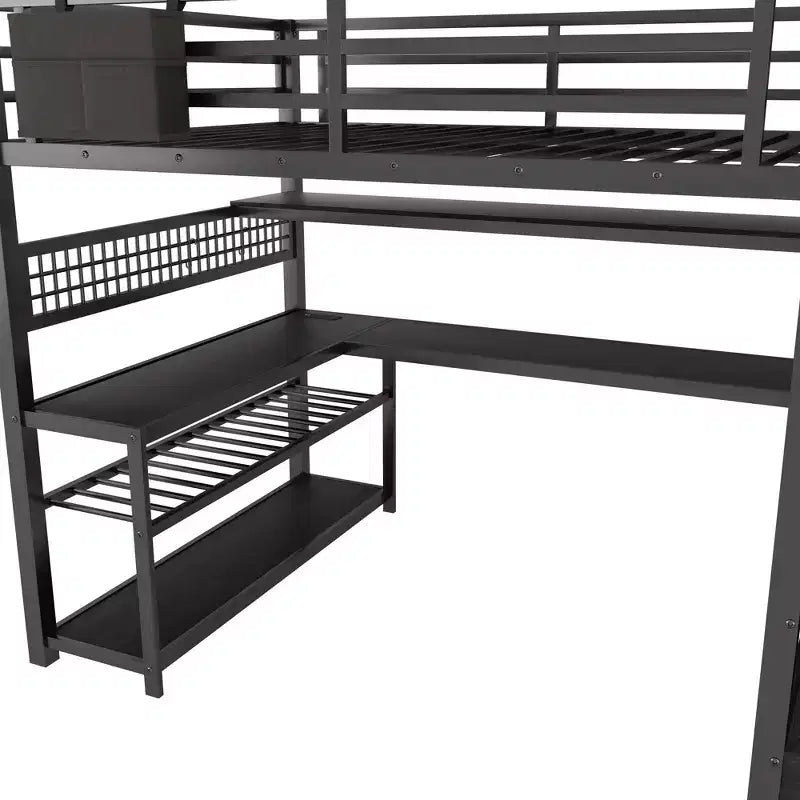 TUYOHW Cama alta de tamaño completo con escalera de almacenamiento y armario, cama alta de metal con escritorio, estantes de almacenamiento, estación de carga y luces LED para adolescentes y adultos