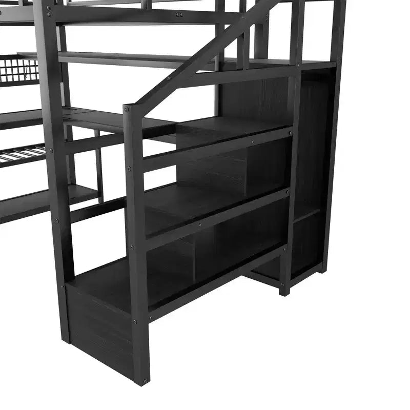 TUYOHW Cama alta de tamaño completo con escalera de almacenamiento y armario, cama alta de metal con escritorio, estantes de almacenamiento, estación de carga y luces LED para adolescentes y adultos