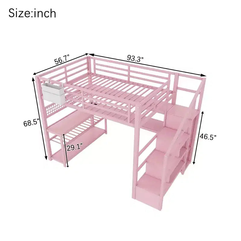 TUYOHW Cama alta de tamaño completo con escalera de almacenamiento y armario, cama alta de metal con escritorio, estantes de almacenamiento, estación de carga y luces LED para adolescentes y adultos