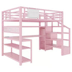 TUYOHW Cama alta de tamaño completo con escalera de almacenamiento y armario, cama alta de metal con escritorio, estantes de almacenamiento, estación de carga y luces LED para adolescentes y adultos