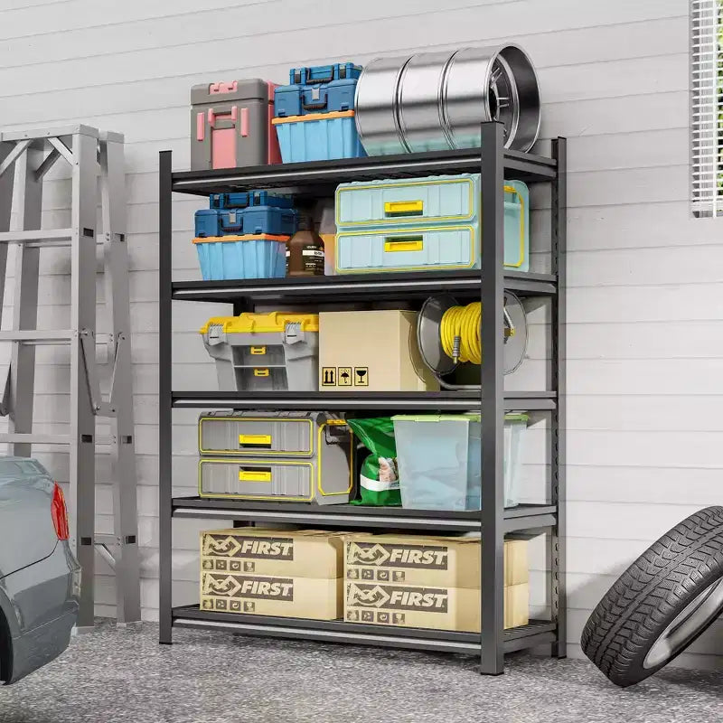 Estanterías Metálicas Ajustables de 5 Niveles Negras de 71 Pulgadas de Alto, Adecuadas para Cuartos de Herramientas, Garajes y Supermercados