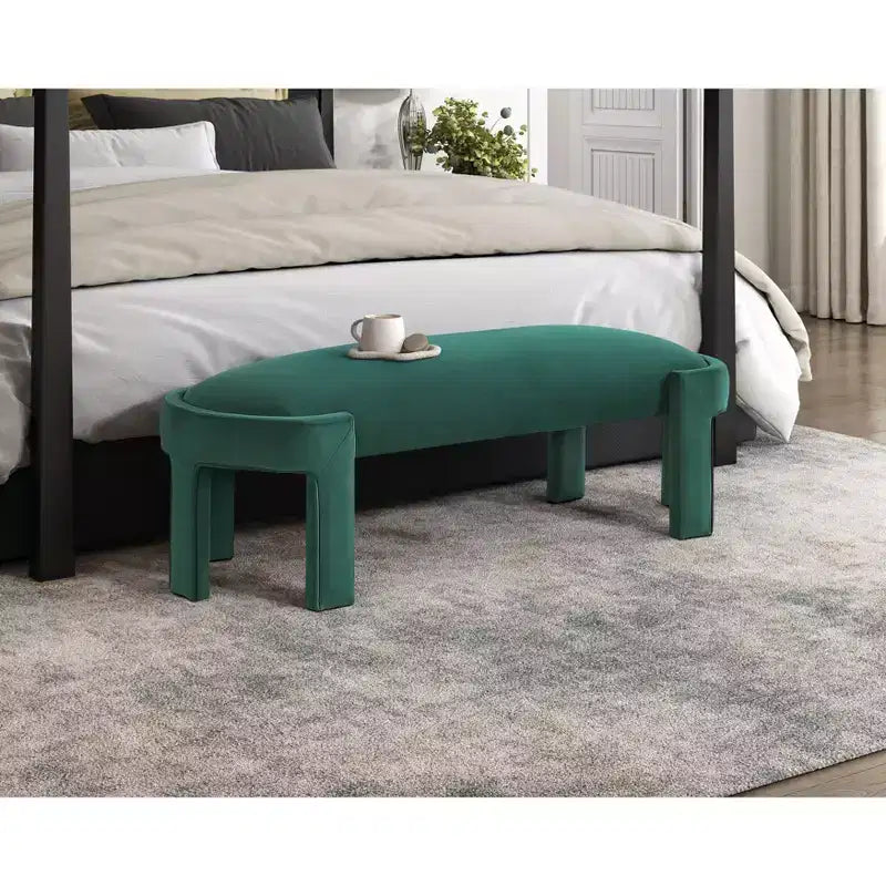 Banco tapizado de tela de terciopelo moderno y elegante Okak con estructura de madera contrachapada, otomana ovalada de lujo cómoda para dormitorio, recibidor
