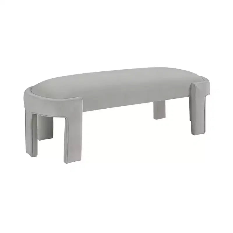 Banco tapizado de tela de terciopelo moderno y elegante Okak con estructura de madera contrachapada, otomana ovalada de lujo cómoda para dormitorio, recibidor