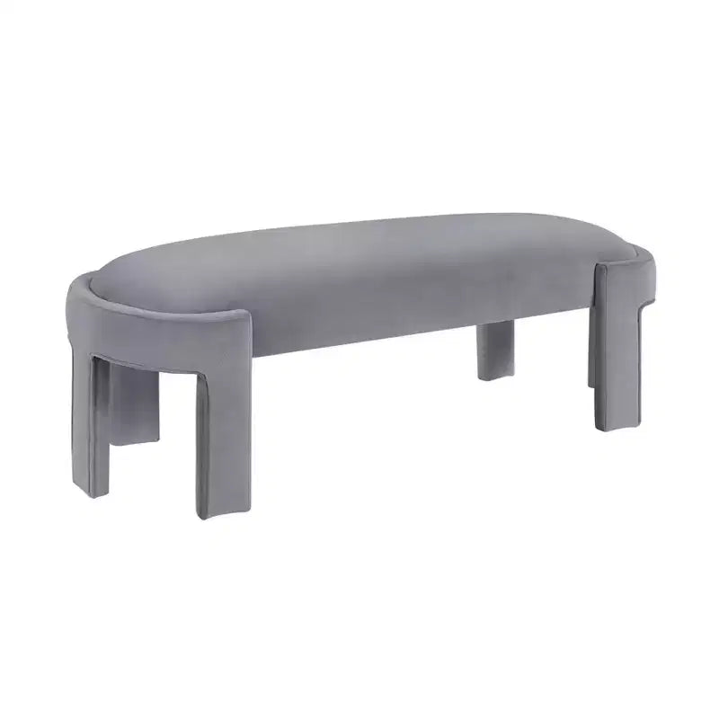 Banco tapizado de tela de terciopelo moderno y elegante Okak con estructura de madera contrachapada, otomana ovalada de lujo cómoda para dormitorio, recibidor