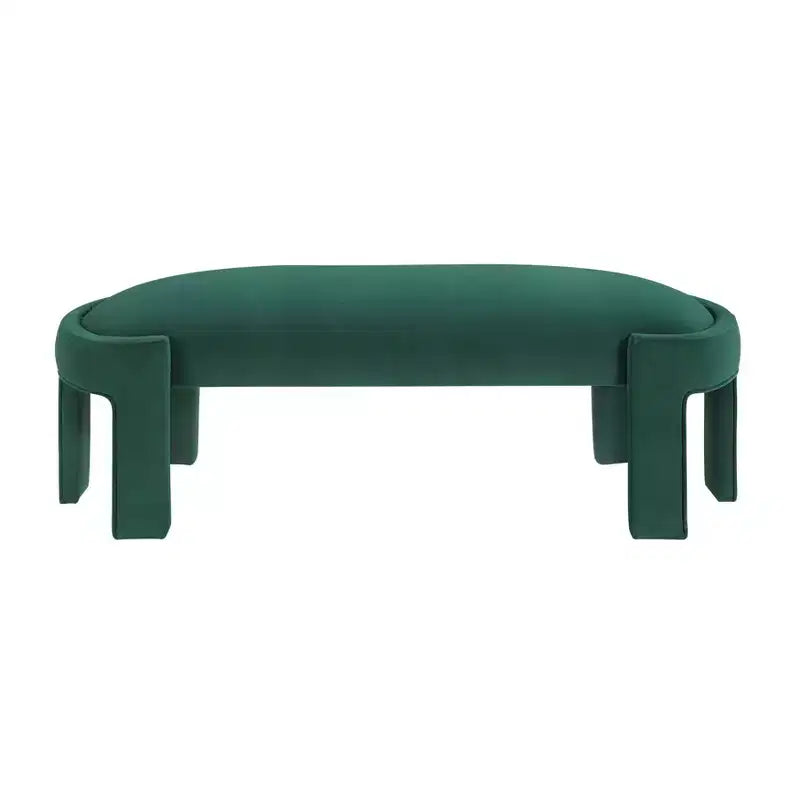 Banco tapizado de tela de terciopelo moderno y elegante Okak con estructura de madera contrachapada, otomana ovalada de lujo cómoda para dormitorio, recibidor