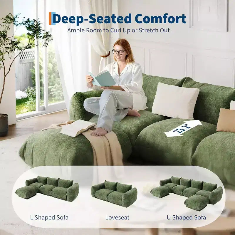 Seccional de sofá nube extragrande: Sofá modular en forma de U de chenilla, diseño de asiento profundo sin estructura