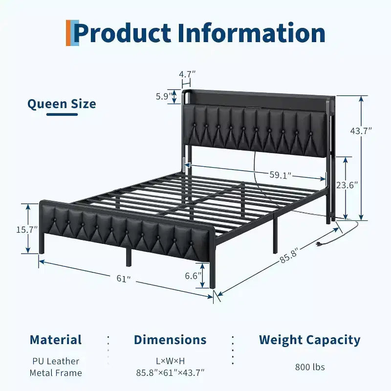 Base de cama de metal Queen Acekool con estación de carga, cabecero y piecero de almacenamiento de piel sintética